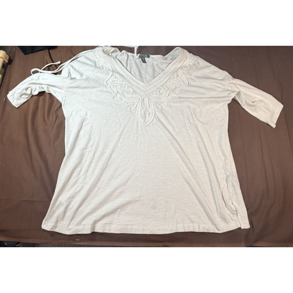 Lauren Ralph Lauren Women's 2X White Solid V-Neck 3/4 Sleeve Linen Tunic Blouse